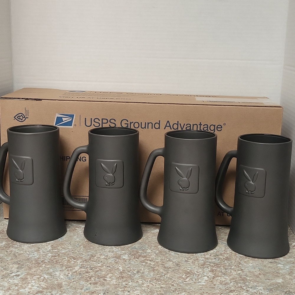 Vintage  Set of Four Charcoal Glass Playboy Bunny Mugs Embossed Logo.